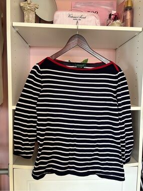 Lauren Ralph Lauren Navy and White Striped Long-Sleeve Top with Red Trim